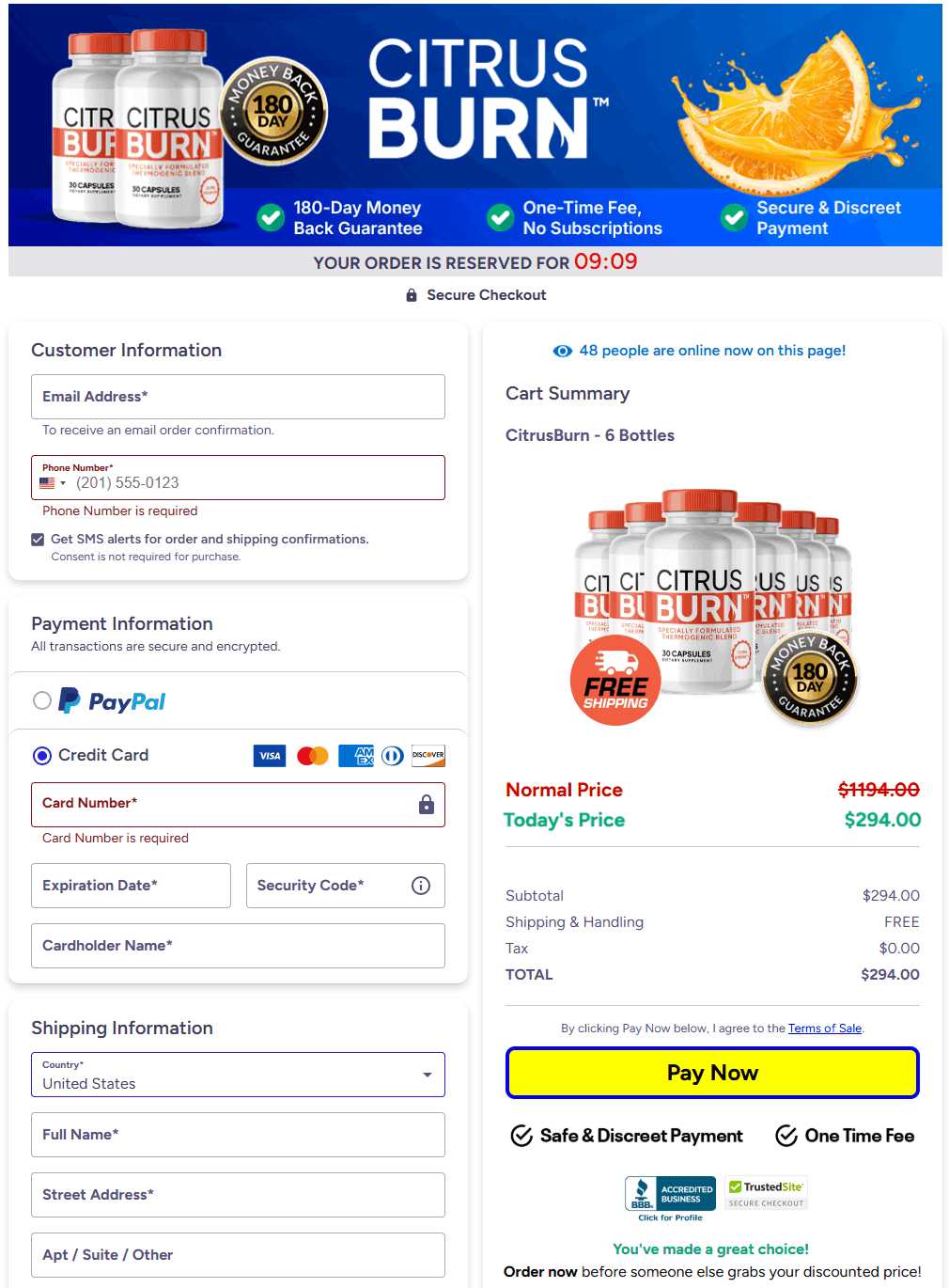 CitrusBurn secure checkout page for placing your order